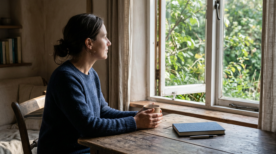 A person sits quietly beside an open window, holding a warm cup as morning light falls across a wooden table.