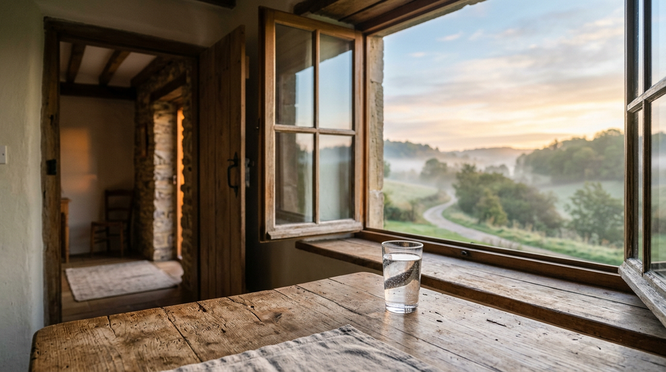 A clear glass of water rests beside an open window as morning sunlight breaks through lifting mist.
