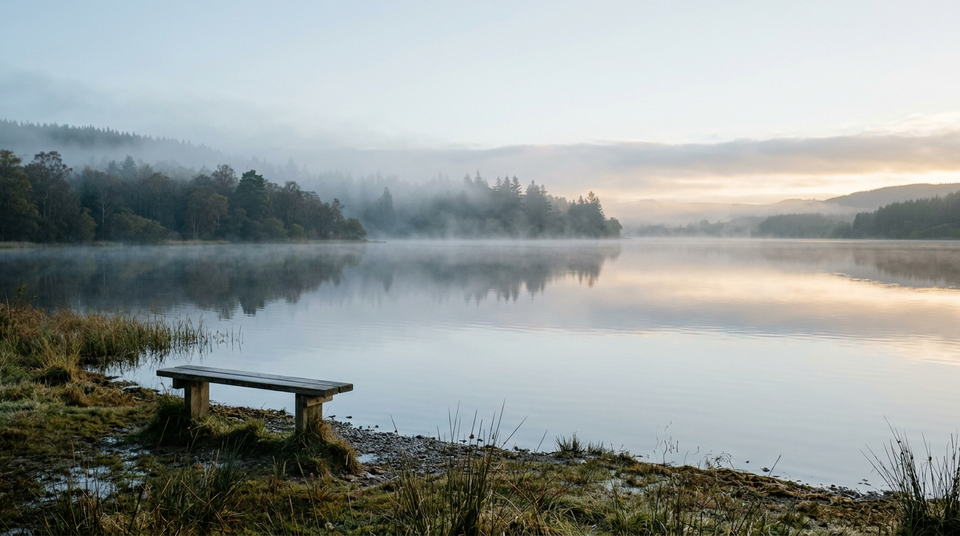 An empty wooden bench overlooks still water as soft morning mist rests among distant trees.