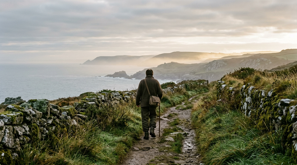 A solitary traveler carrying a small satchel walks along a misty coastal path as morning light breaks through the clouds.
