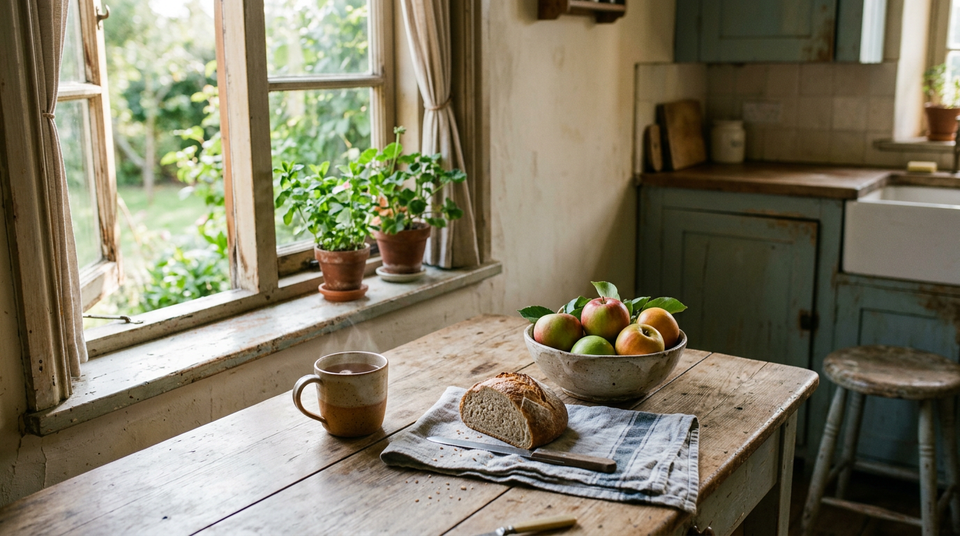 Morning sunlight falls across a wooden kitchen table holding a ceramic cup, bread, apples, and a folded linen towel.
