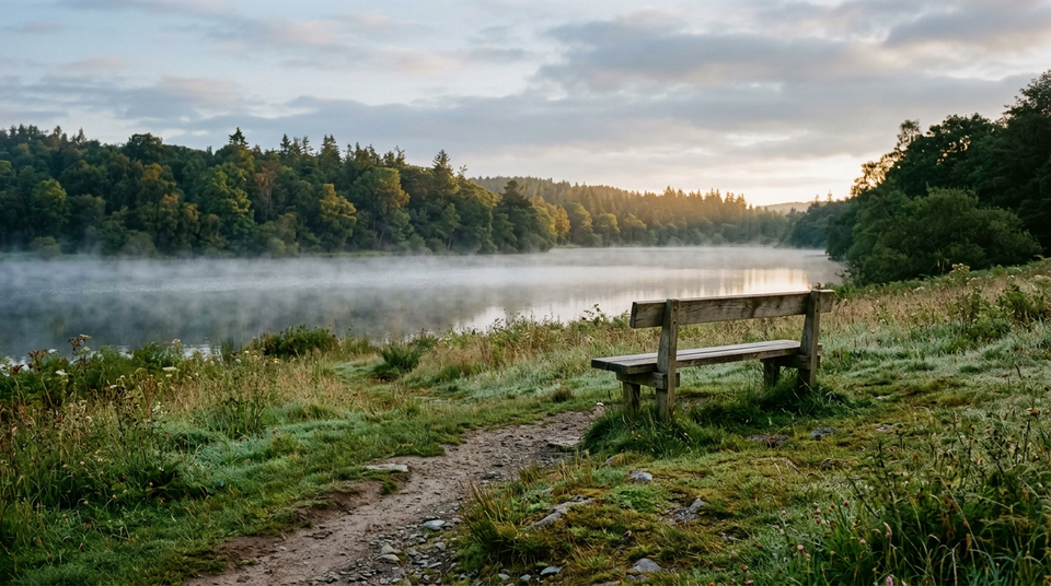 A solitary wooden bench overlooks a calm, mist-covered lake in the gentle light of early morning.