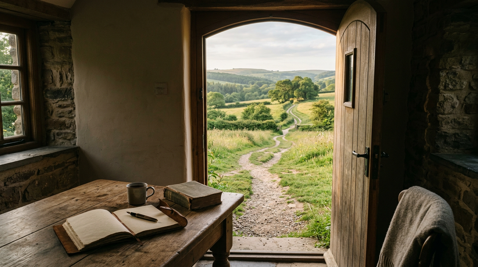 An open Bible and journal rest on a wooden table near an open doorway, beyond which several footpaths converge into one sunlit path.