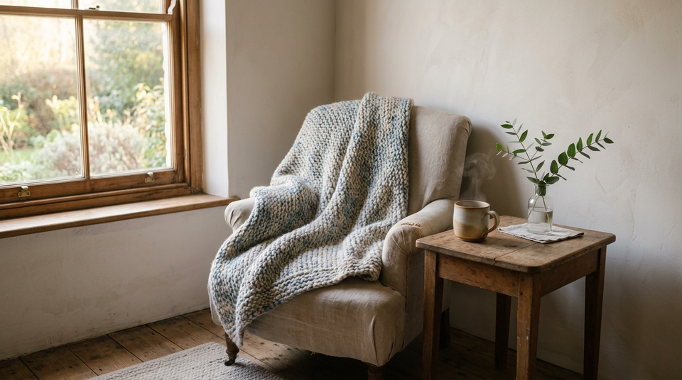 A soft blanket rests on a chair beside a steaming cup and a green branch illuminated by gentle morning light.