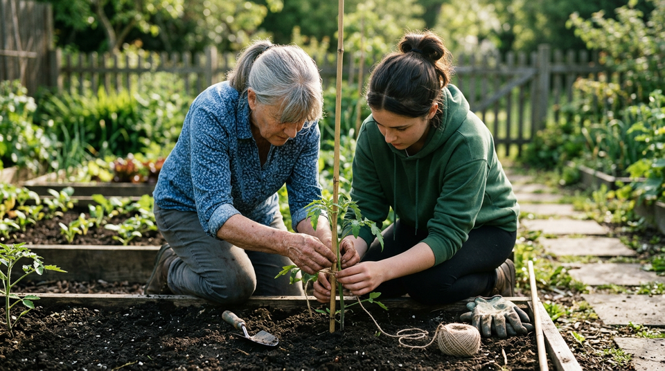 Two people of different generations work side by side, gently supporting a young plant in a sunlit garden.