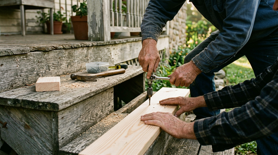 Two people work together to repair a worn wooden porch step in warm morning light.