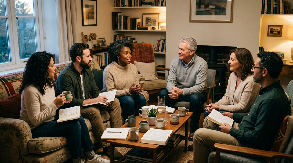 Six adults sit in a relaxed circle, listening attentively to one another in a warmly lit living room.