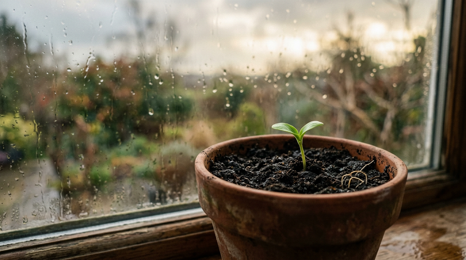 A small green seedling emerges from dark soil beside a rain-streaked window as morning light begins to break through.