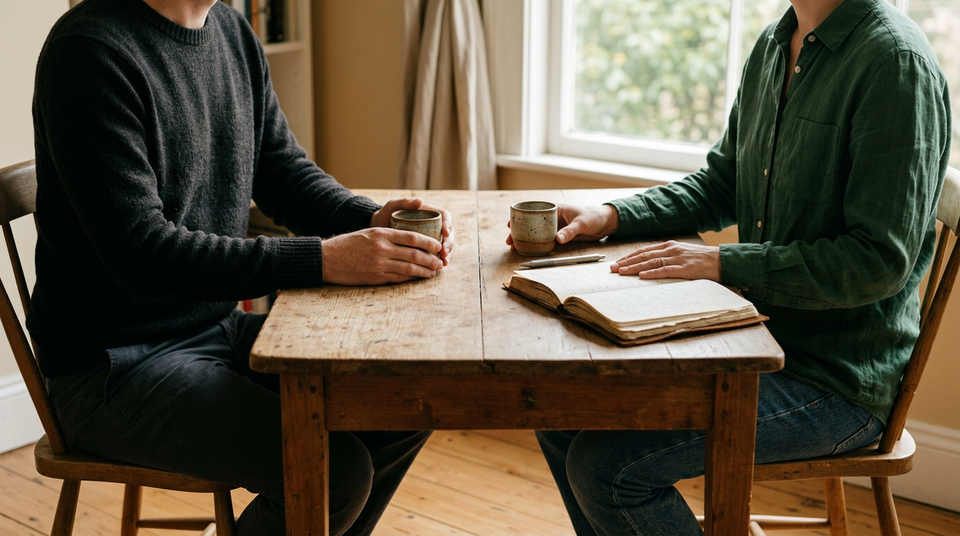 Two people sit together at a wooden table with an open journal and two cups in soft morning light.