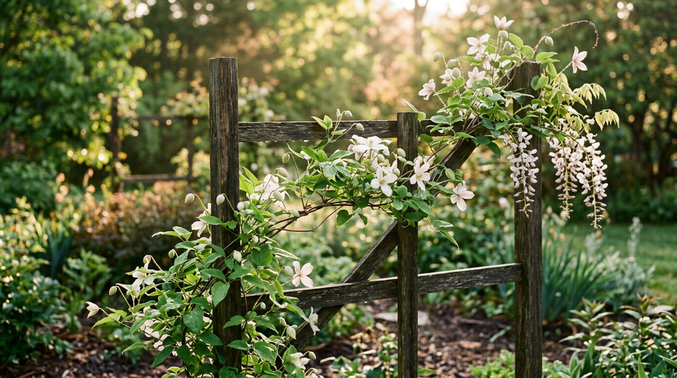 A flowering green vine grows along a wooden trellis in the soft light of early morning.