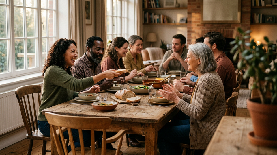 A diverse group shares a simple meal around a wooden table, with an open chair waiting in the warm afternoon light.