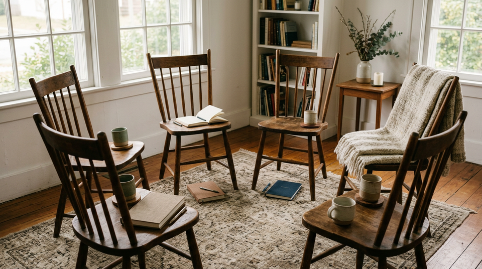 Six wooden chairs form a close circle in a sunlit room, with journals and ceramic cups ready for a gathering.