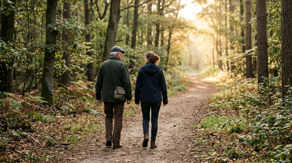 Two people walk side by side along a wooded path toward warm morning light.
