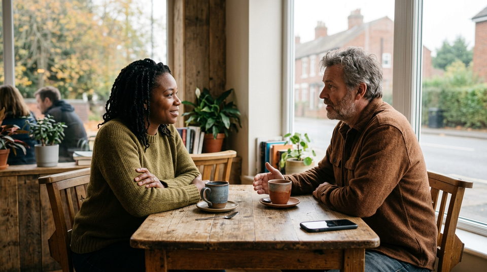 Two people share an attentive conversation at a wooden table while a phone rests face down nearby.