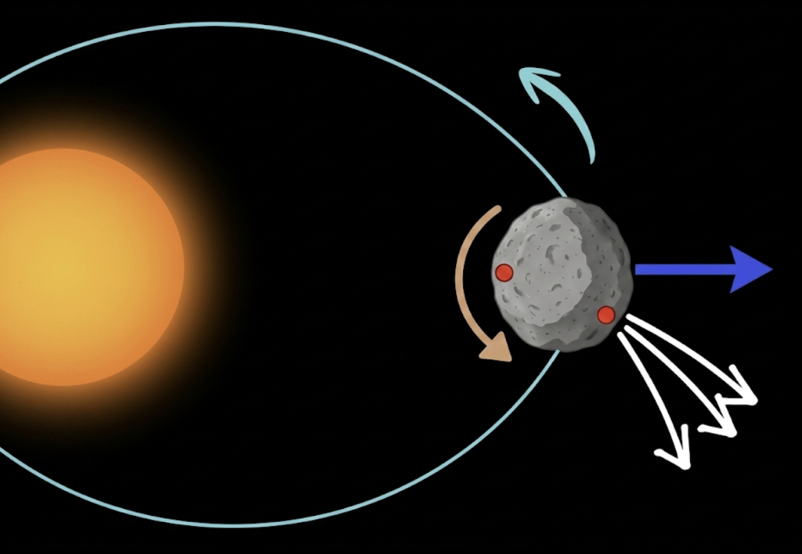 A diagram illustrating the motion of a small rock or meteoroid being ejected from a larger planetary body.

El contenido generado por IA puede ser incorrecto.