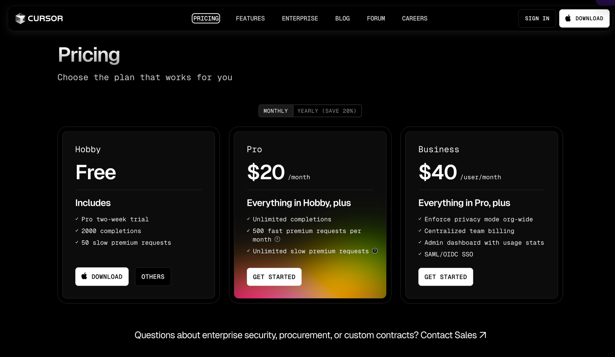 pricing details for Cursor