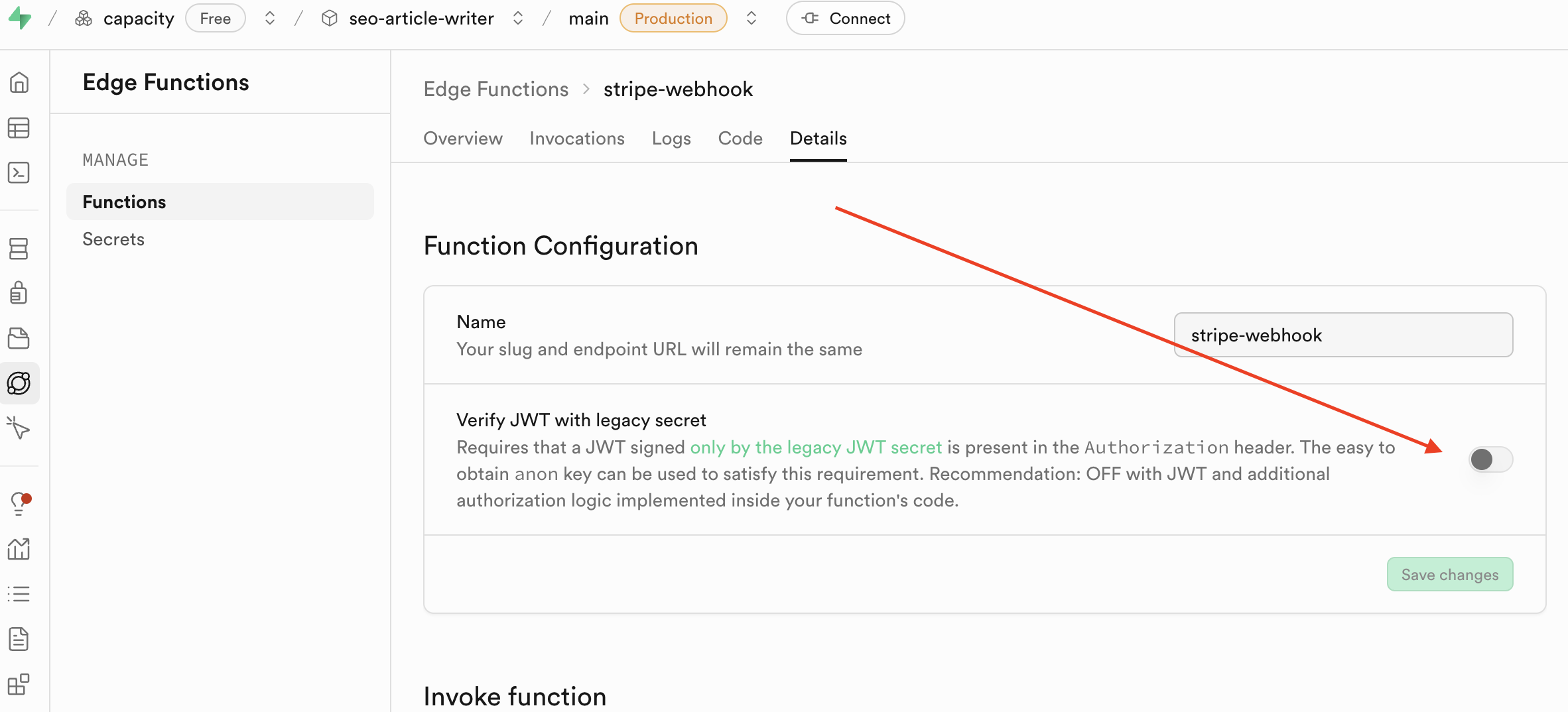 supabase error 401 stripe disable verify JWT