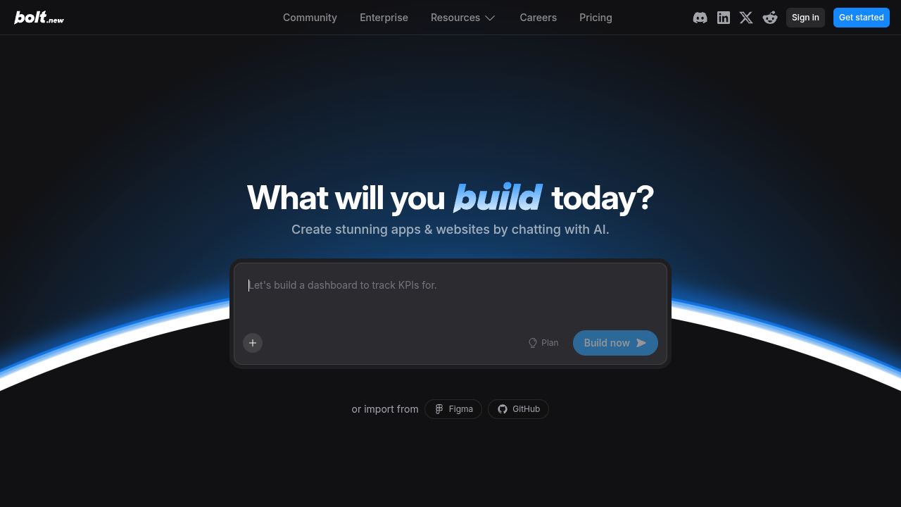 Página principal de Bolt.new - constructor de aplicaciones con IA