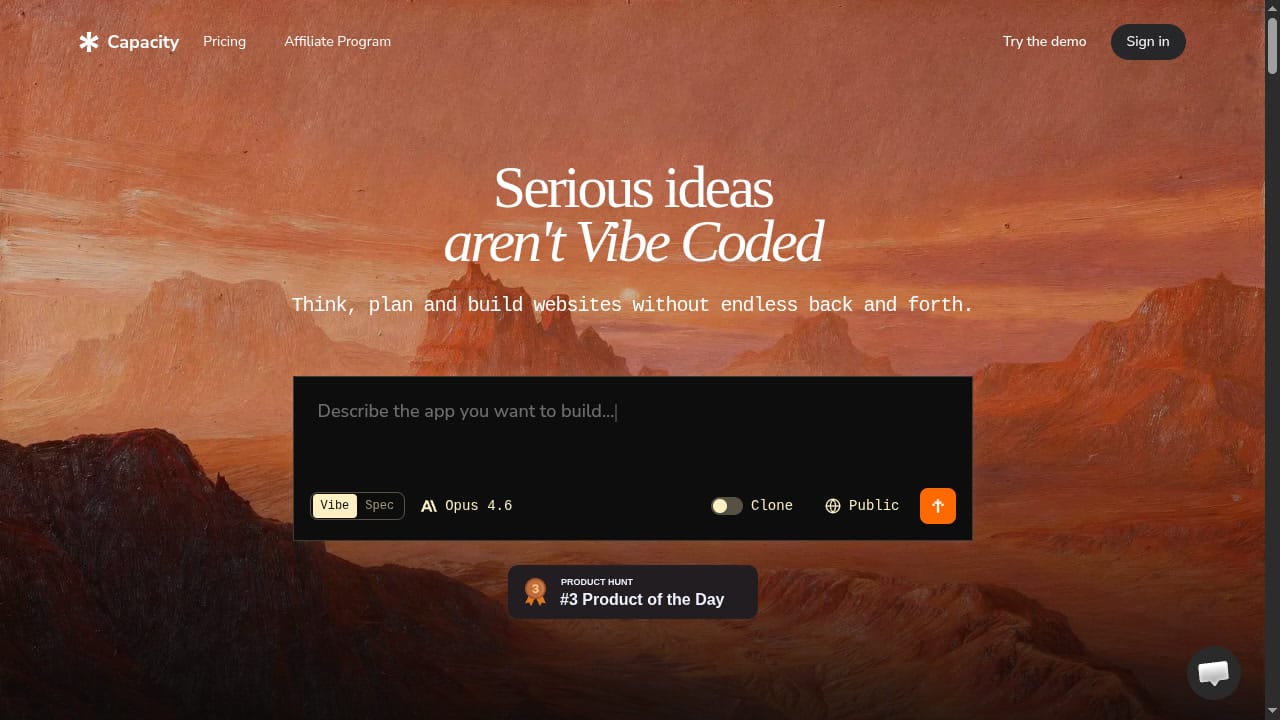 Capacity.so - AI vibe coding platform for building full-stack web applications