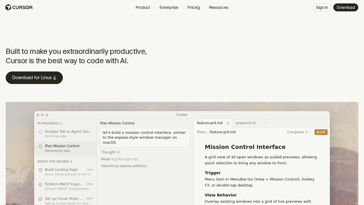 Cursor website hero section
