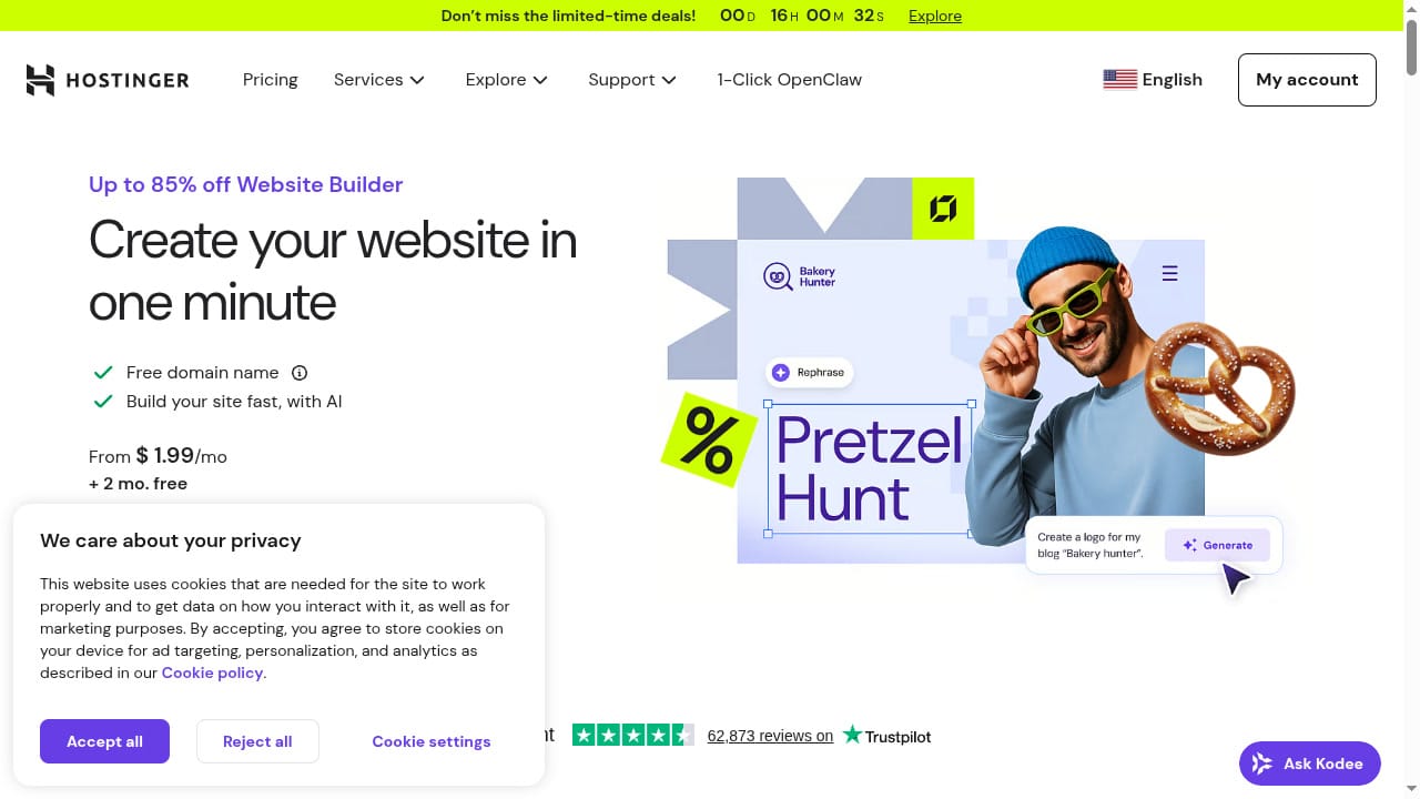 Hostinger AI website builder homepage