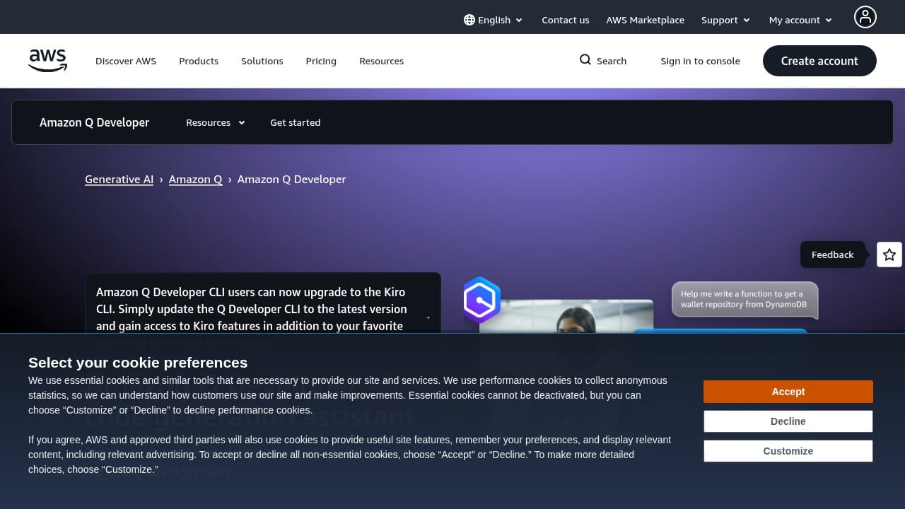 Amazon Q Developer homepage - the most capable AI assistant for software development