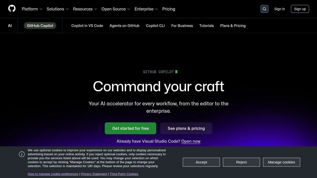 GitHub Copilot homepage - the AI coding assistant