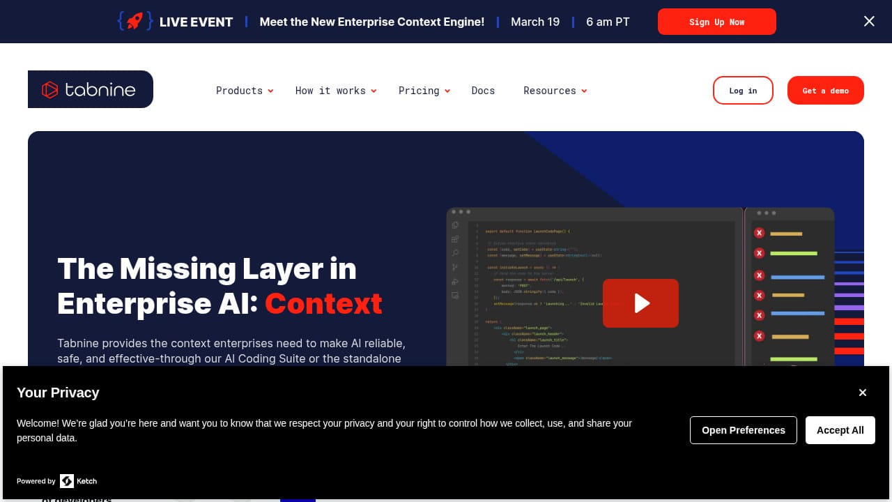 Tabnine homepage - AI code assistant for enterprise