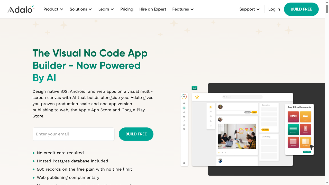 Pagina principal de Adalo - constructor de aplicaciones moviles no-code
