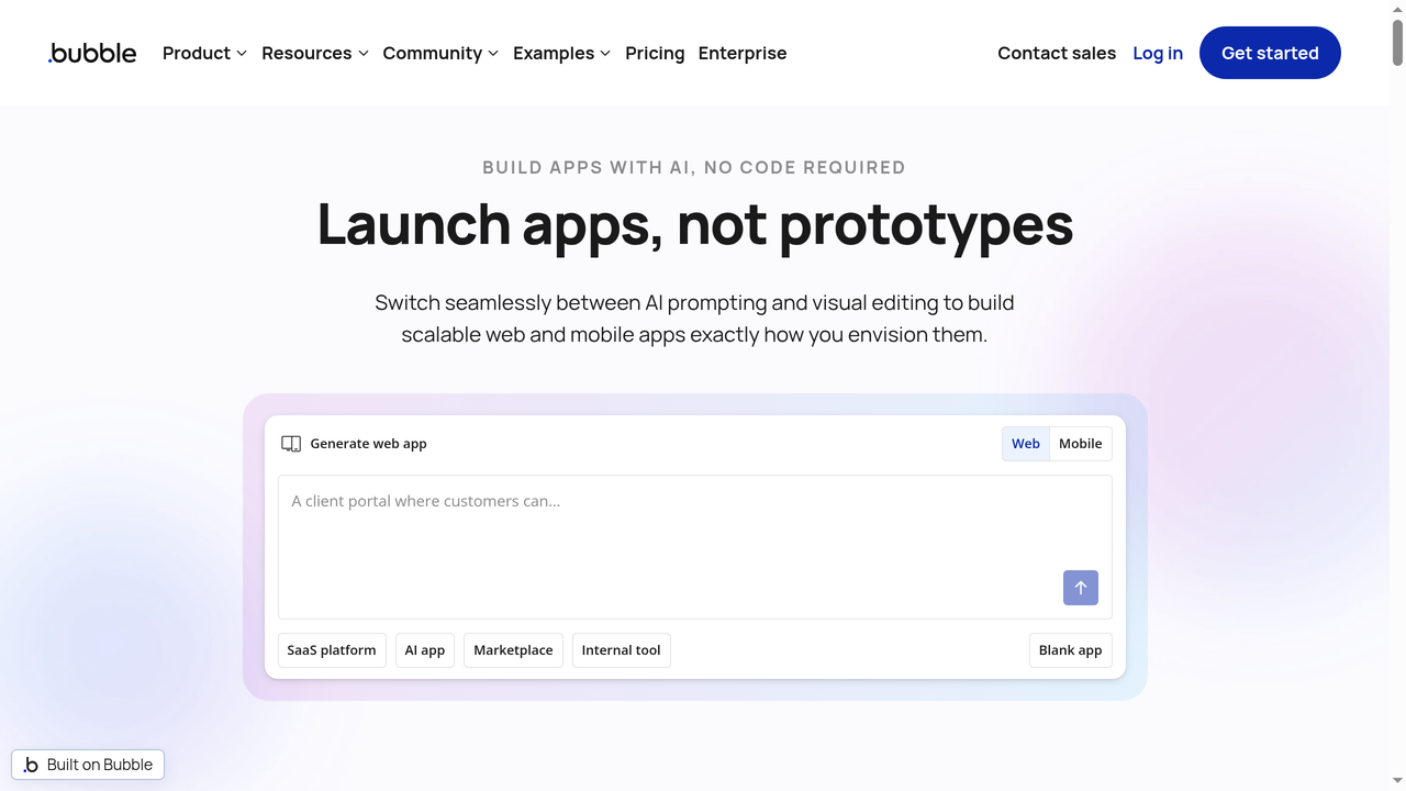 Pagina principal de Bubble - constructor de aplicaciones web no-code