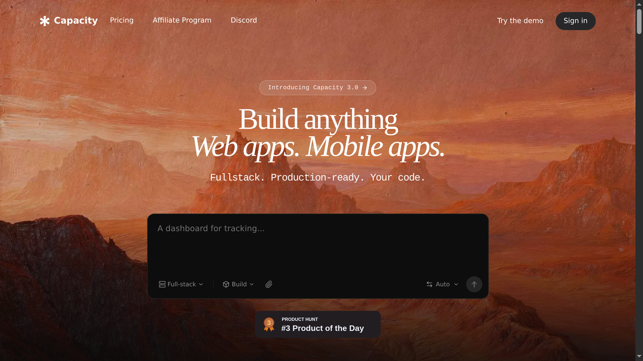 Pagina principal de Capacity.so - constructor de aplicaciones full-stack con IA