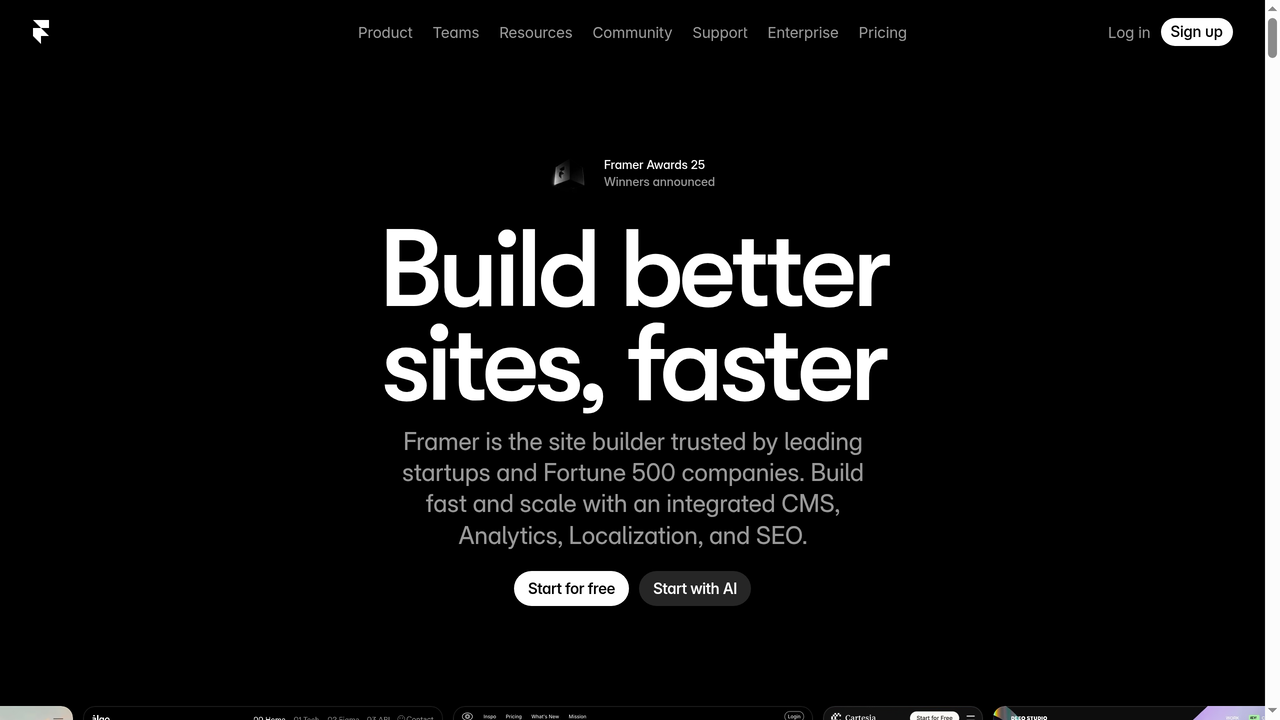Framer website homepage showing Build better sites faster