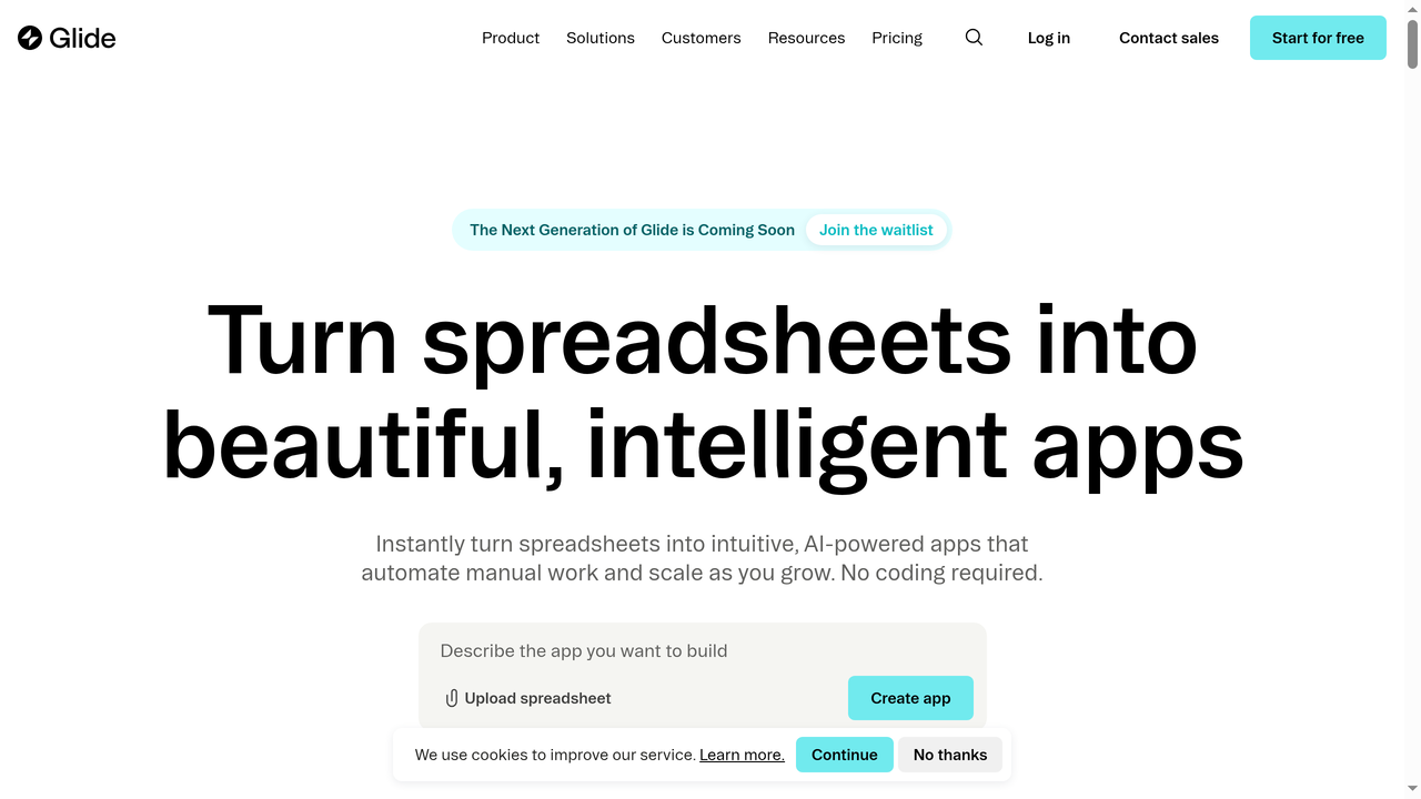 Pagina principal de Glide - constructor de aplicaciones desde hojas de calculo