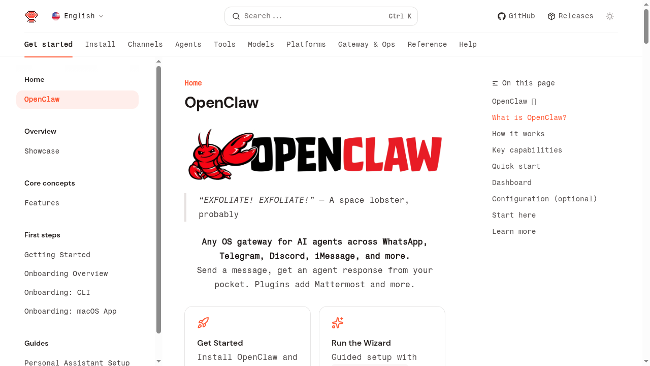 OpenClaw documentation showing features and setup guide