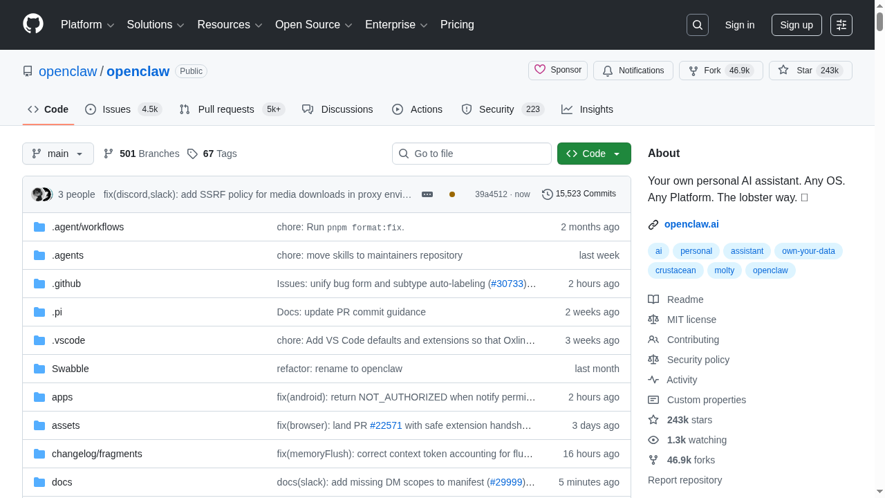OpenClaw GitHub repository showing the open-source project