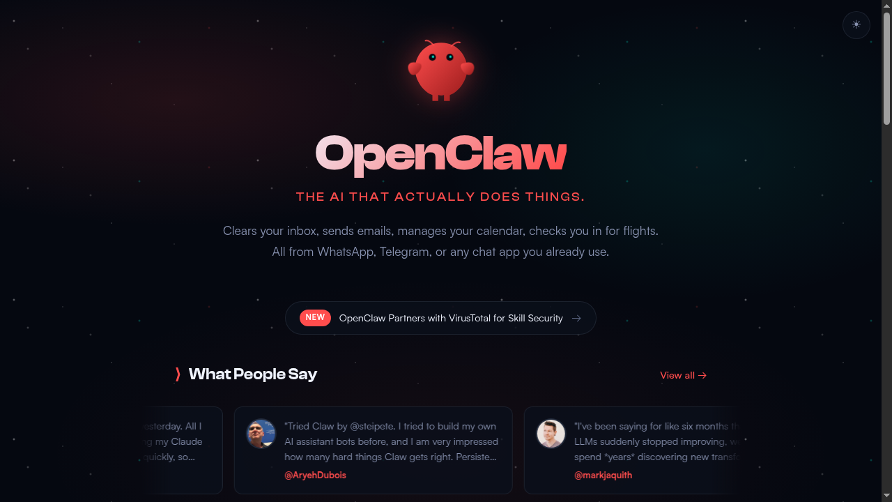 OpenClaw website homepage showing the AI personal assistant
