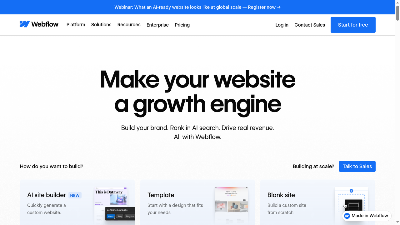 Webflow homepage - visual web development platform