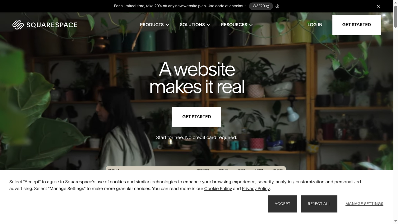 Squarespace website homepage