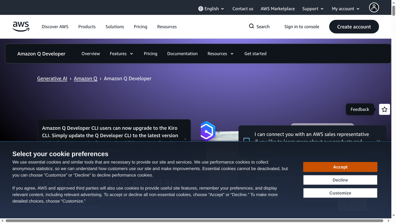 Amazon Q Developer homepage