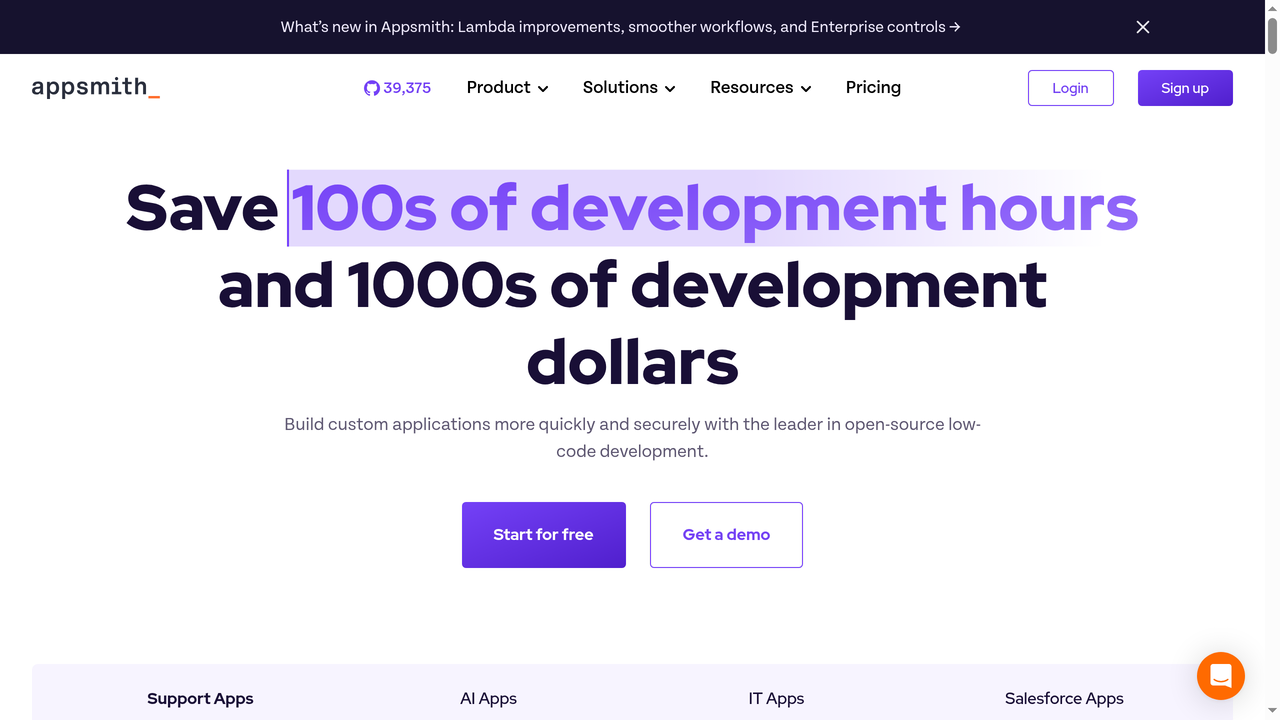 Pagina principal de Appsmith - plataforma open-source low-code para construir herramientas internas