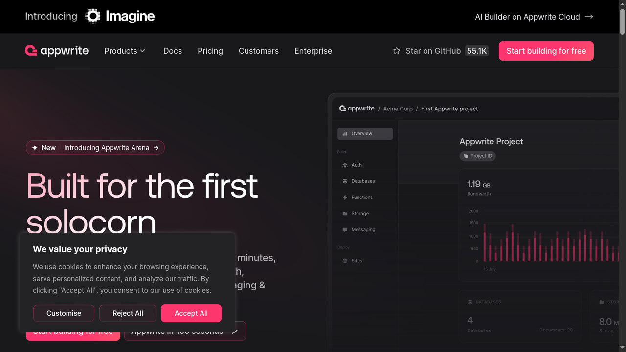 Pagina de inicio de Appwrite - plataforma backend open-source