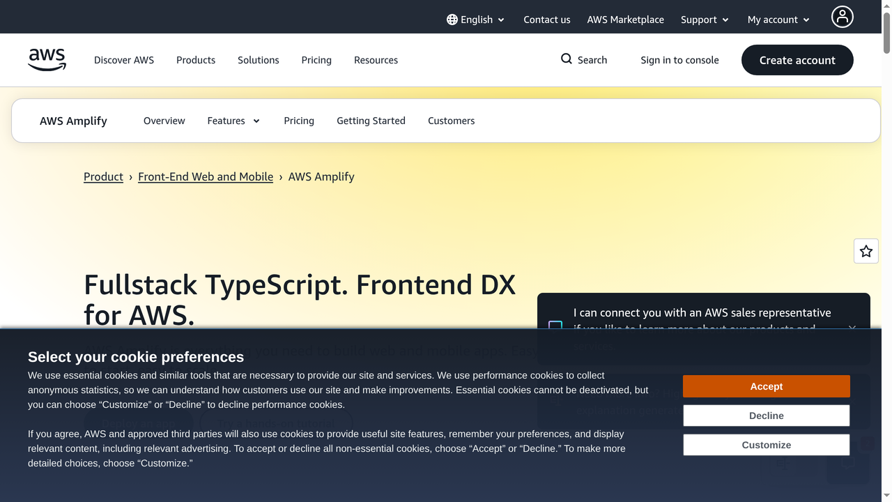 Pagina de inicio de AWS Amplify - plataforma de desarrollo de apps full-stack de Amazon