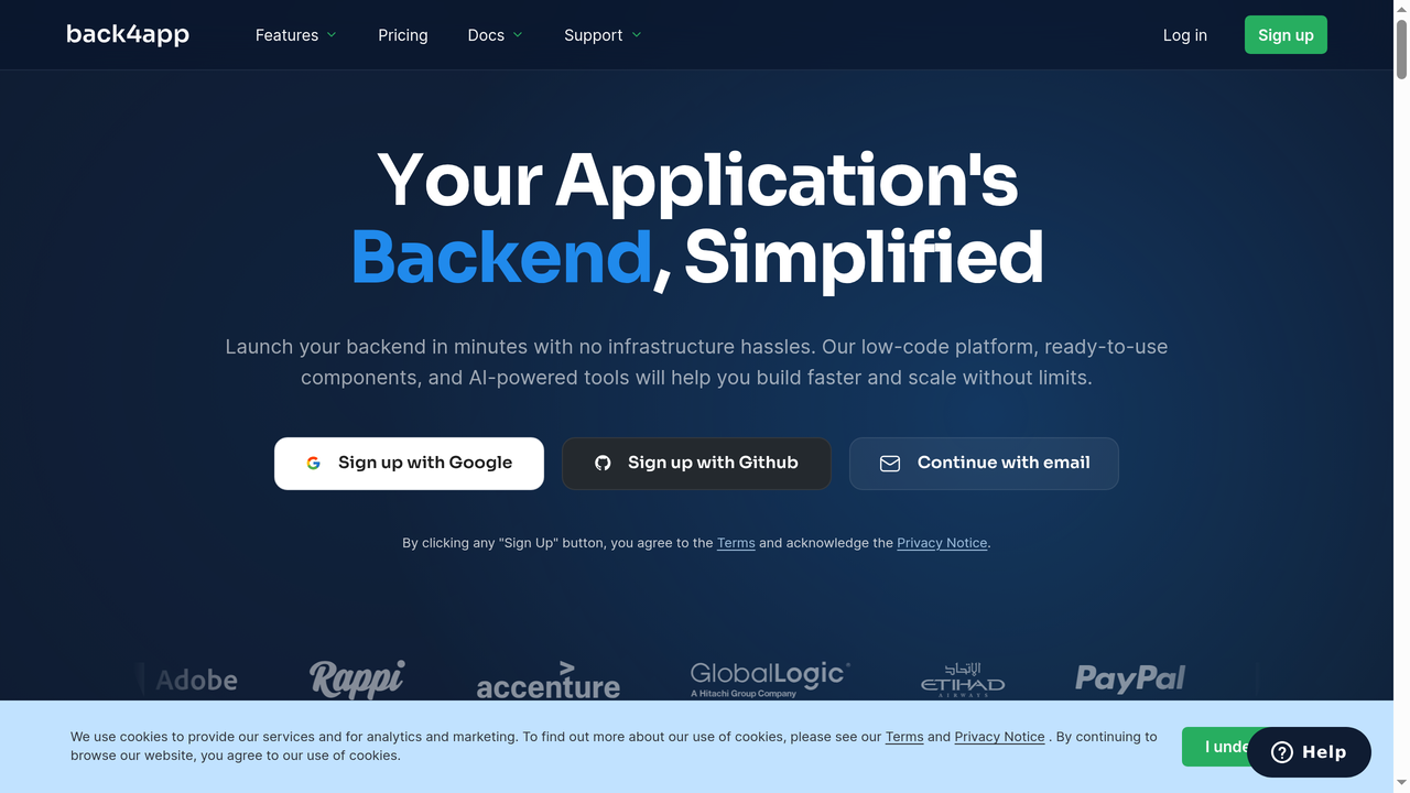 Pagina de inicio de Back4App - plataforma backend impulsada por Parse