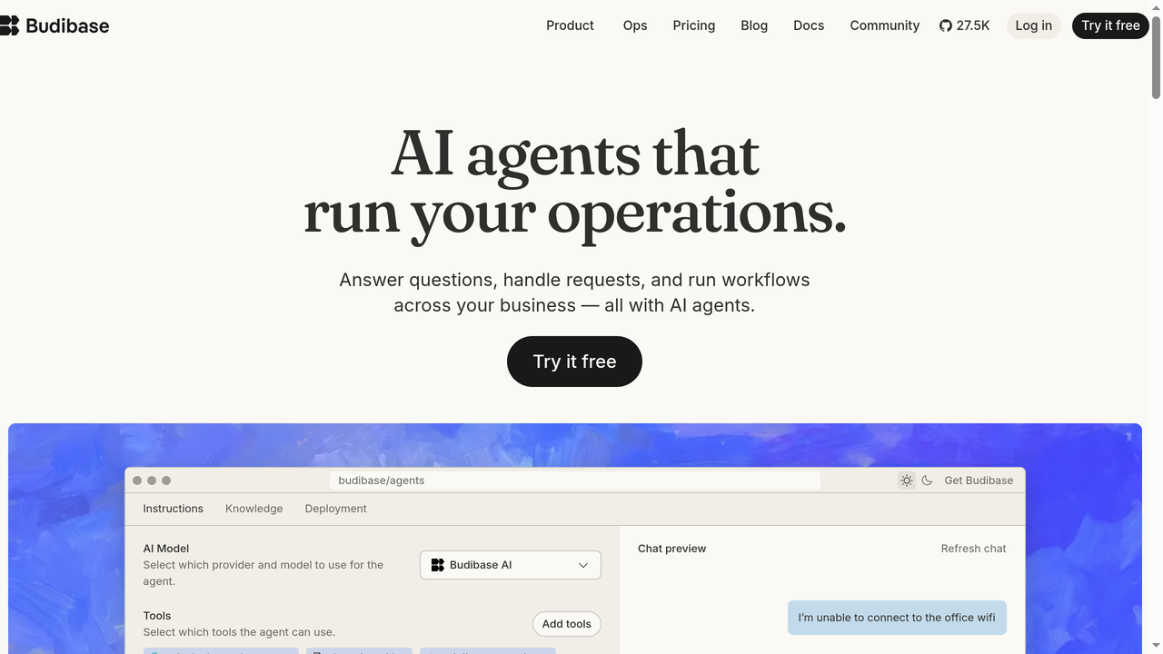 Pagina principal de Budibase - construye herramientas internas en minutos