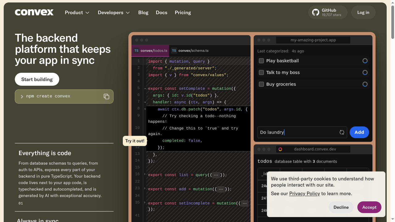 Pagina de inicio de Convex - la plataforma backend reactiva