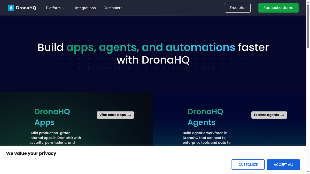 Pagina principal de DronaHQ - plataforma low-code para construir herramientas internas