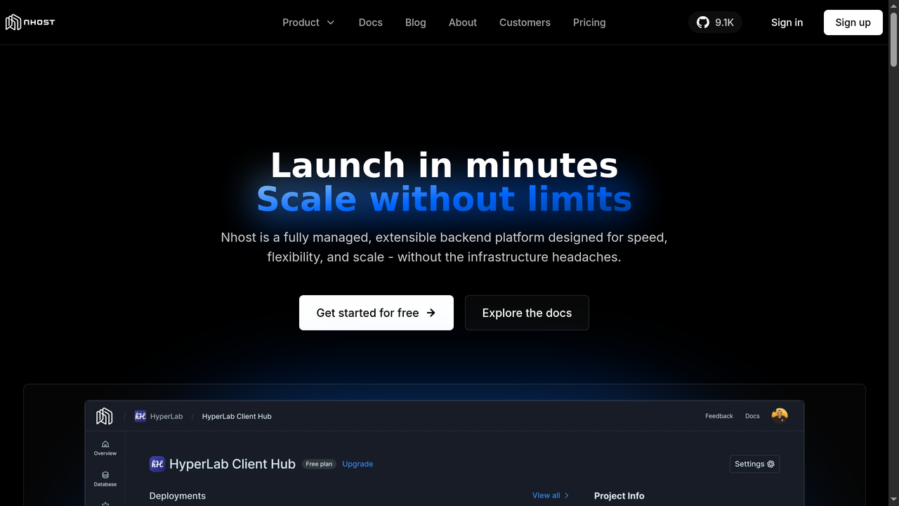 Pagina de inicio de Nhost - la plataforma backend GraphQL