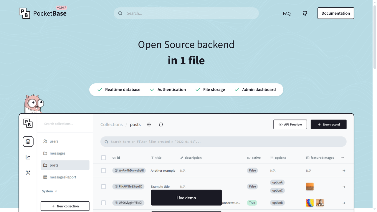 Pagina de inicio de PocketBase - backend open-source en un solo archivo
