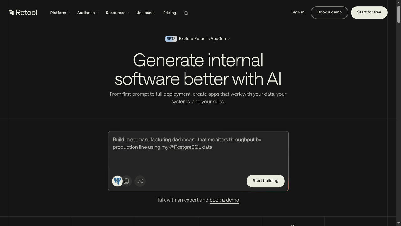 Pagina principal de Retool - plataforma para construir herramientas internas