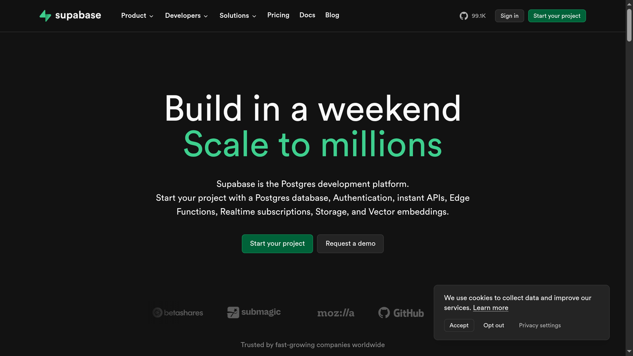 Pagina de inicio de Supabase - la alternativa open-source a Firebase